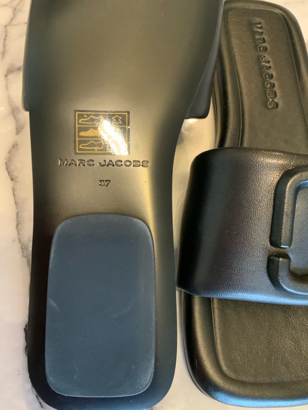 Marc Jacobs Black leather Slide Sandals with Signature Logo - Picture 3 of 7